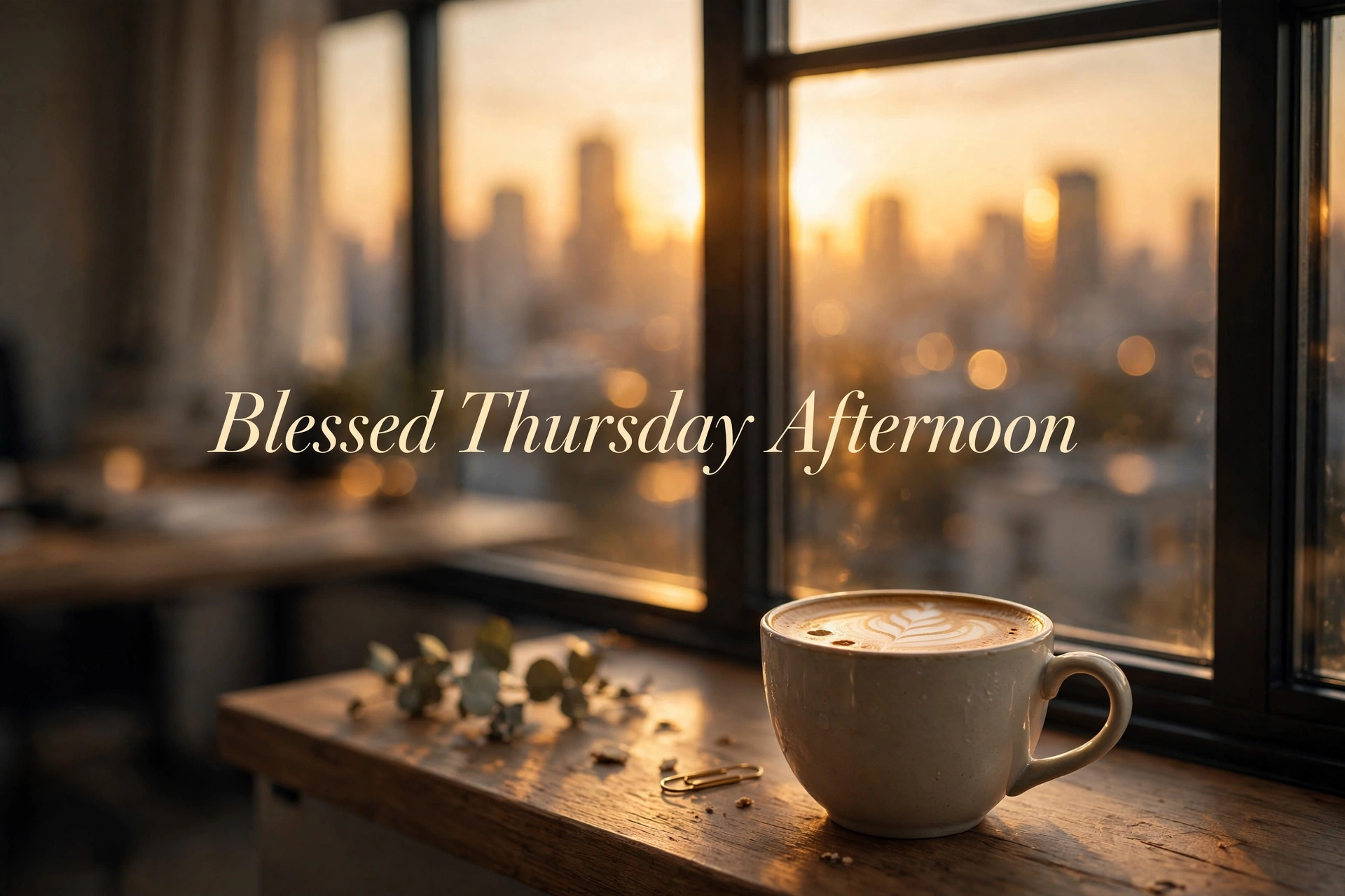 Thursday afternoon blessing image — office window sunset with coffee