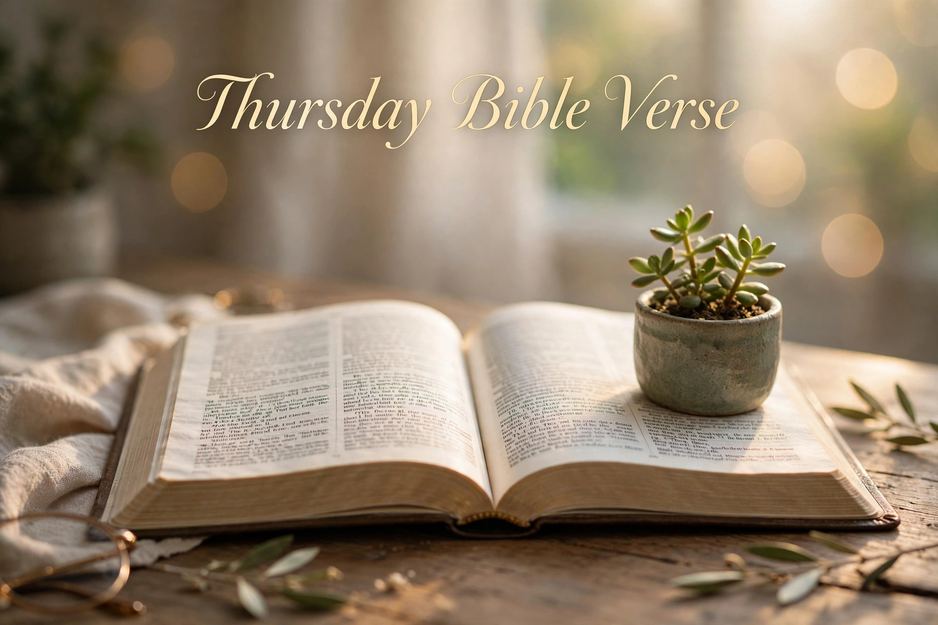 Thursday Bible verse image — open Bible with a small plant on a desk