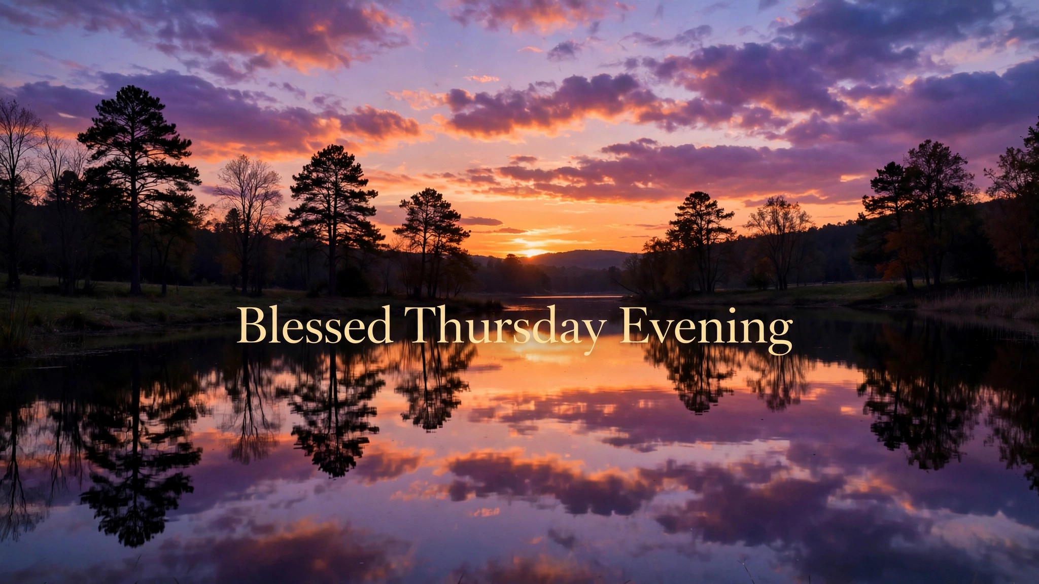 Blessed Thursday evening images: orange and purple sunset over a calm lake