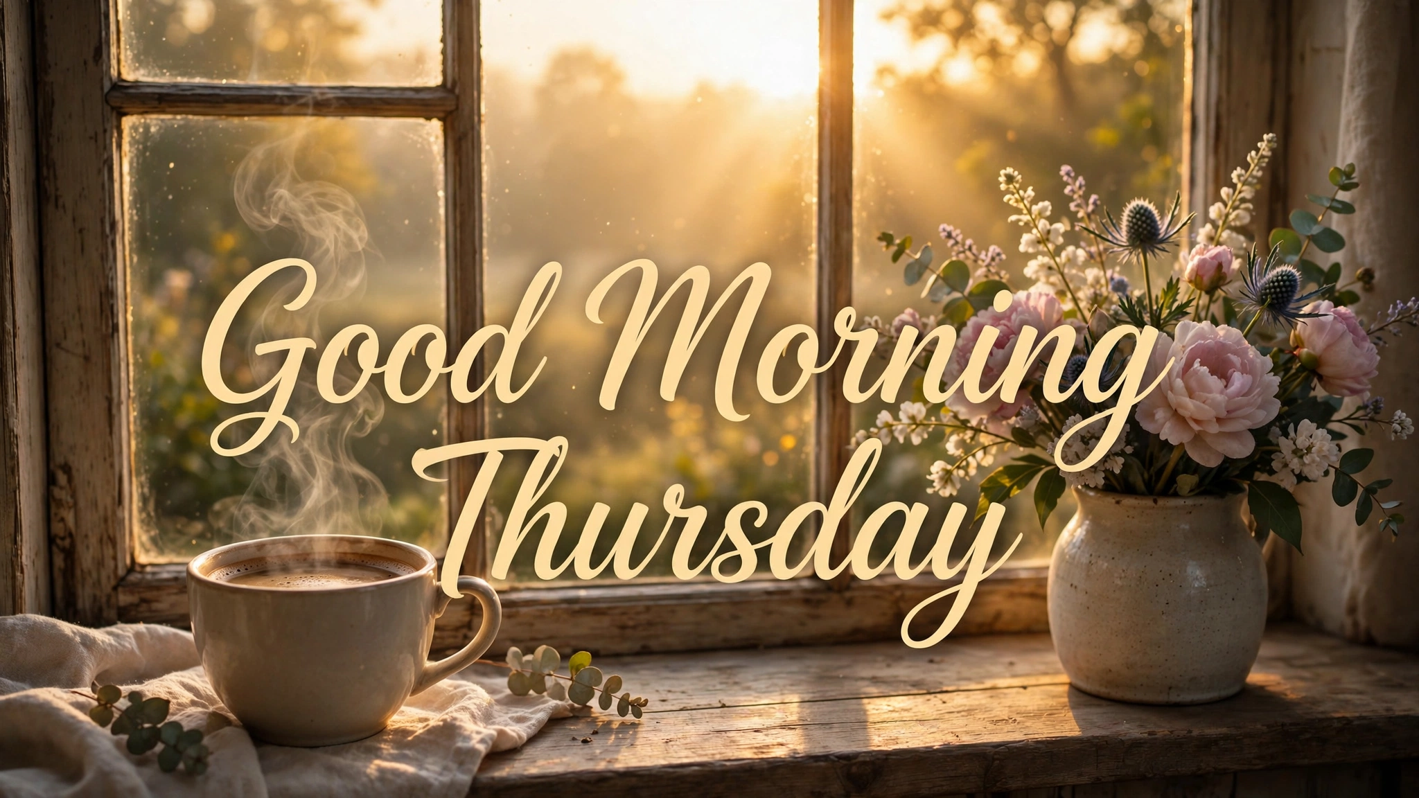 Good morning Thursday blessings images: coffee cup on a windowsill at sunrise