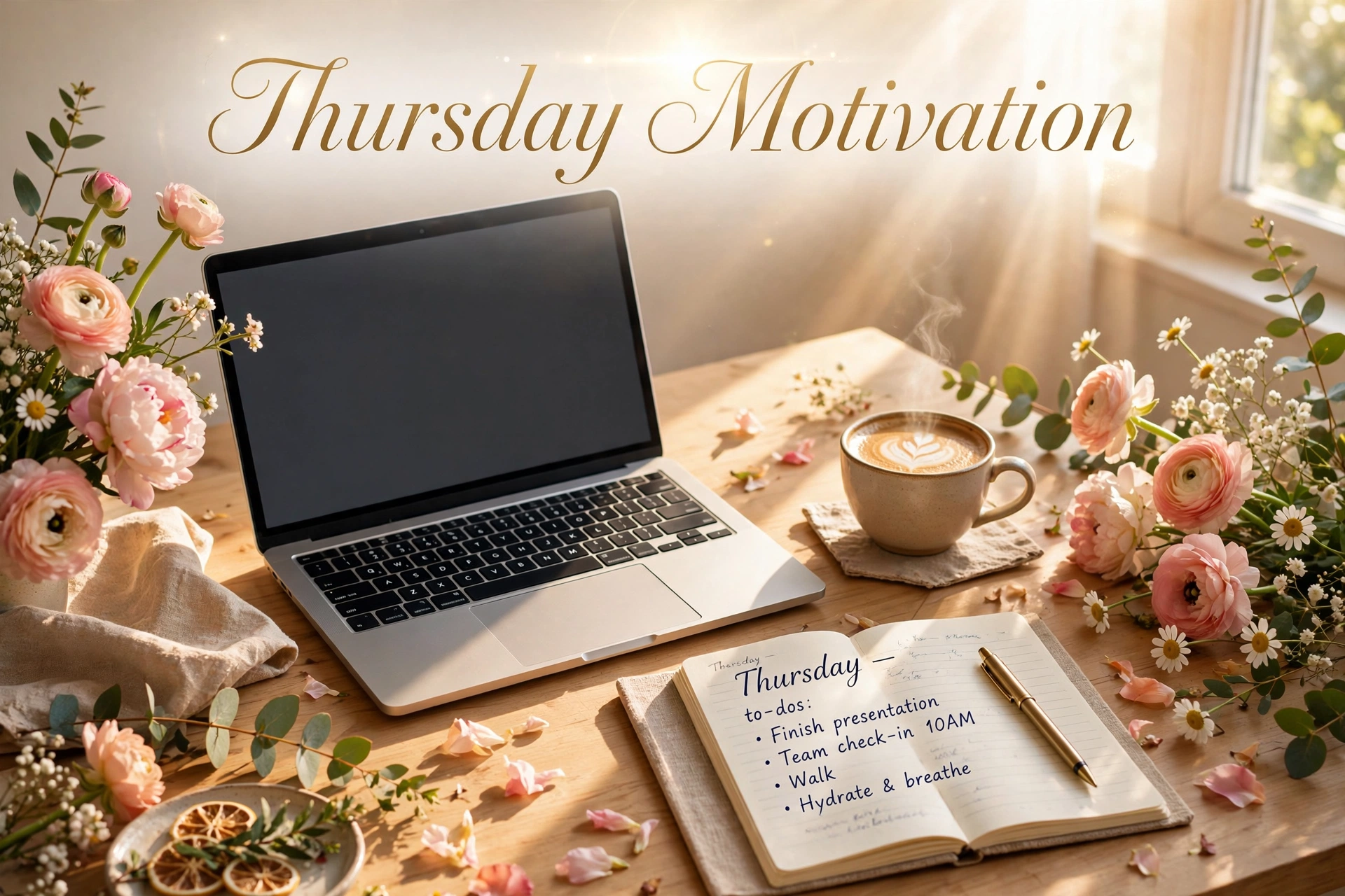 Thursday motivation image — laptop with blooming flowers in sunlight