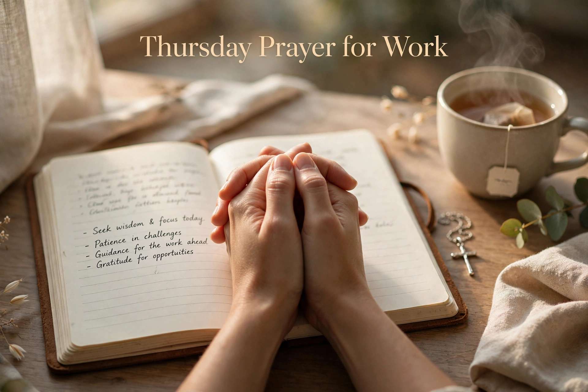 Thursday prayer for work image — folded hands over a journal on a desk in soft light