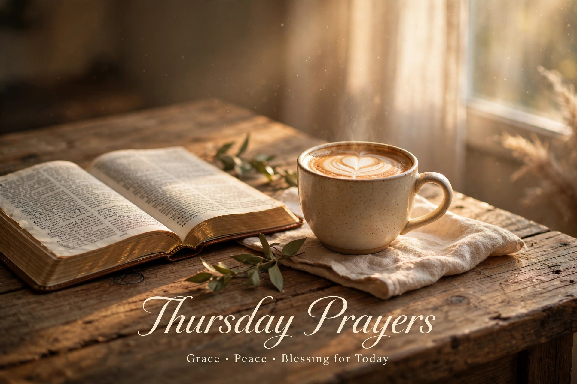 Thursday morning prayers images: coffee cup beside an open Bible in warm morning light