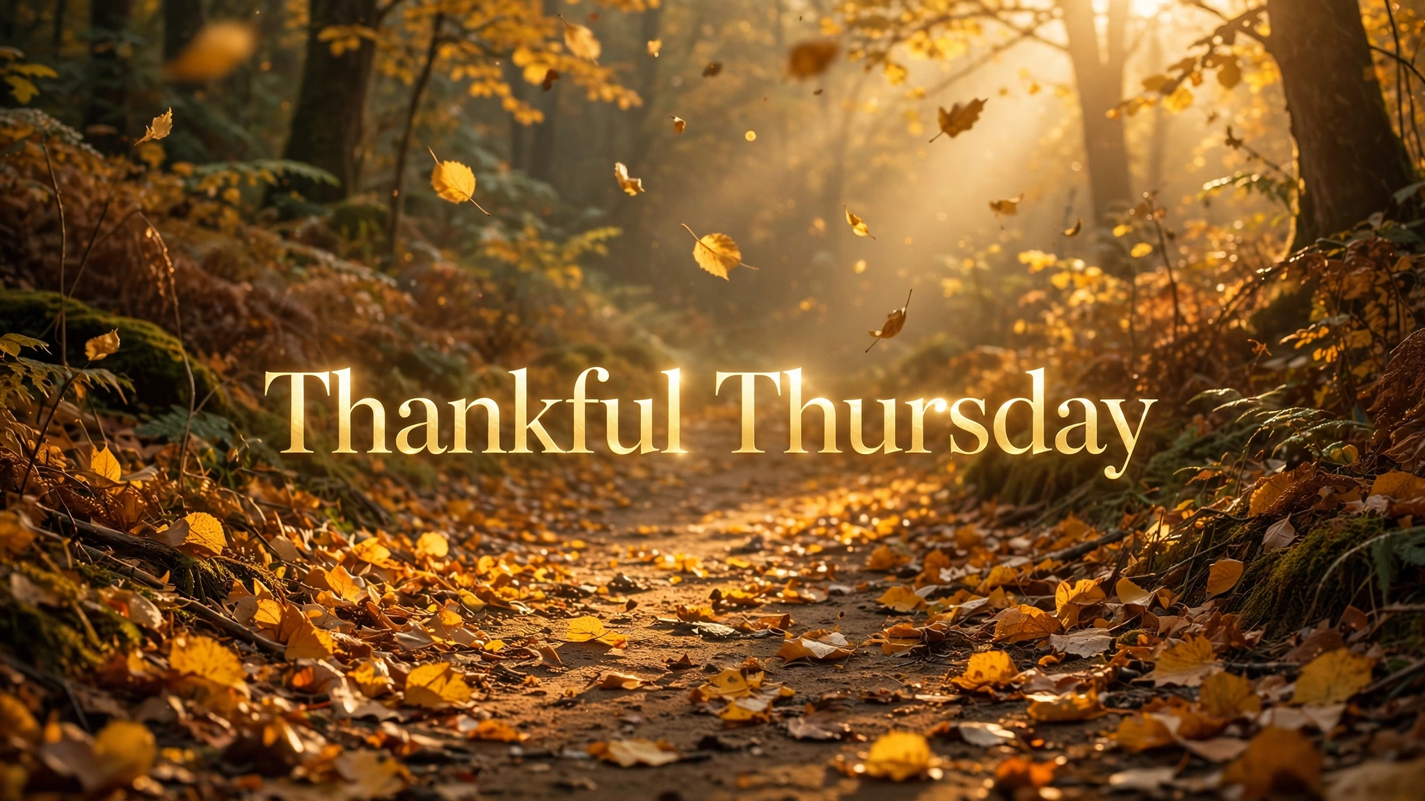 Thankful Thursday blessings images: golden autumn leaves on a sunlit forest path