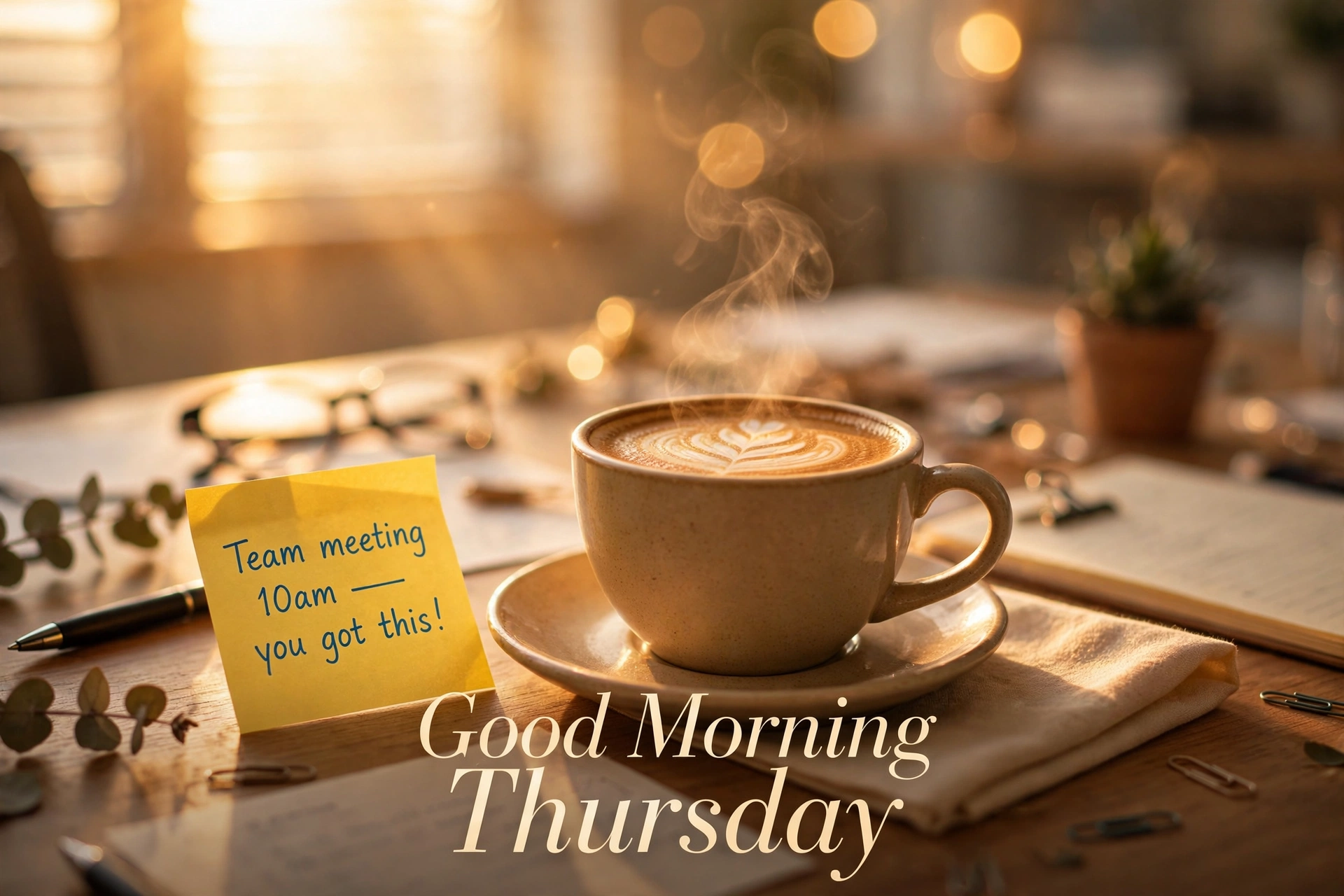 Good morning Thursday work blessing image — sunrise coffee on a desk with a sticky note