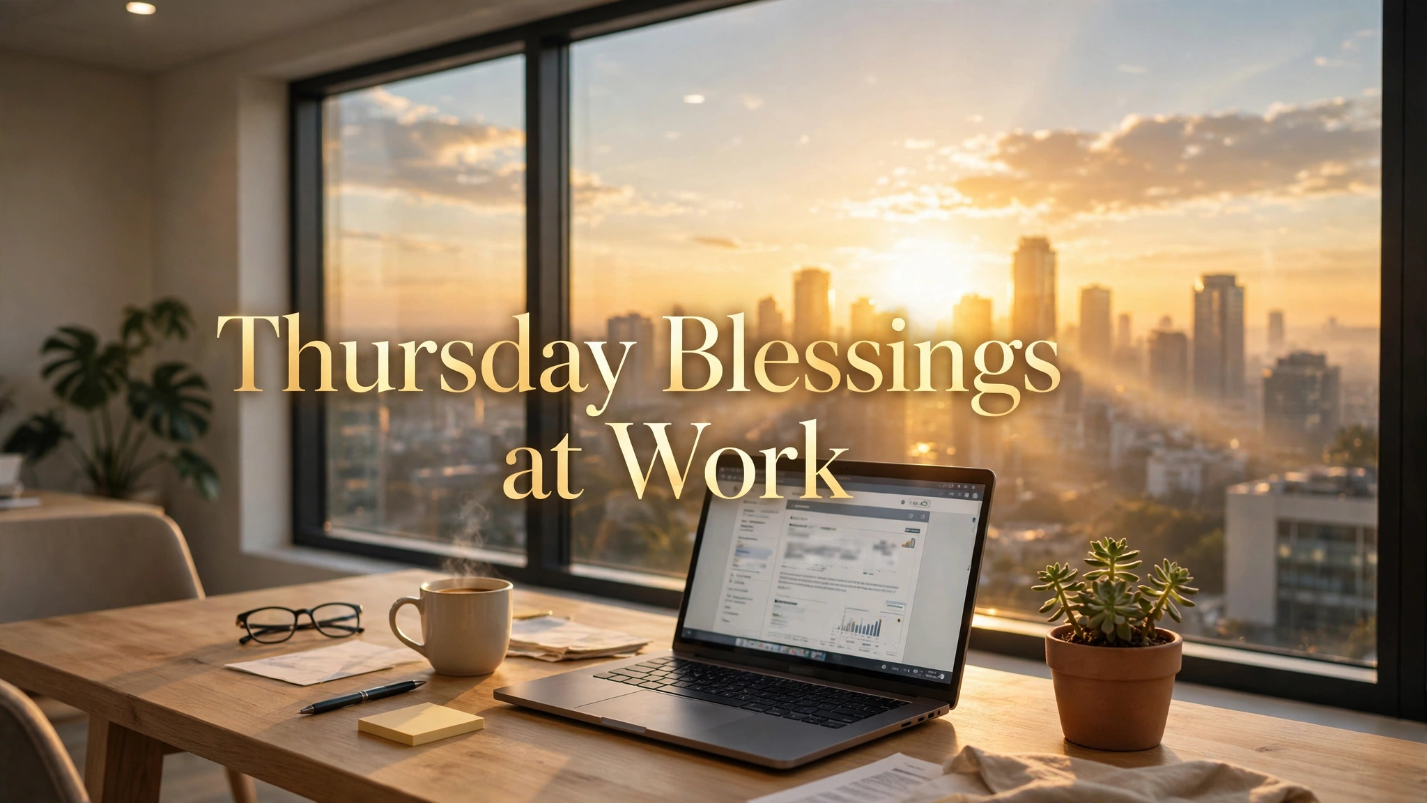 Thursday blessings images for work: bright office desk with sunrise over the city