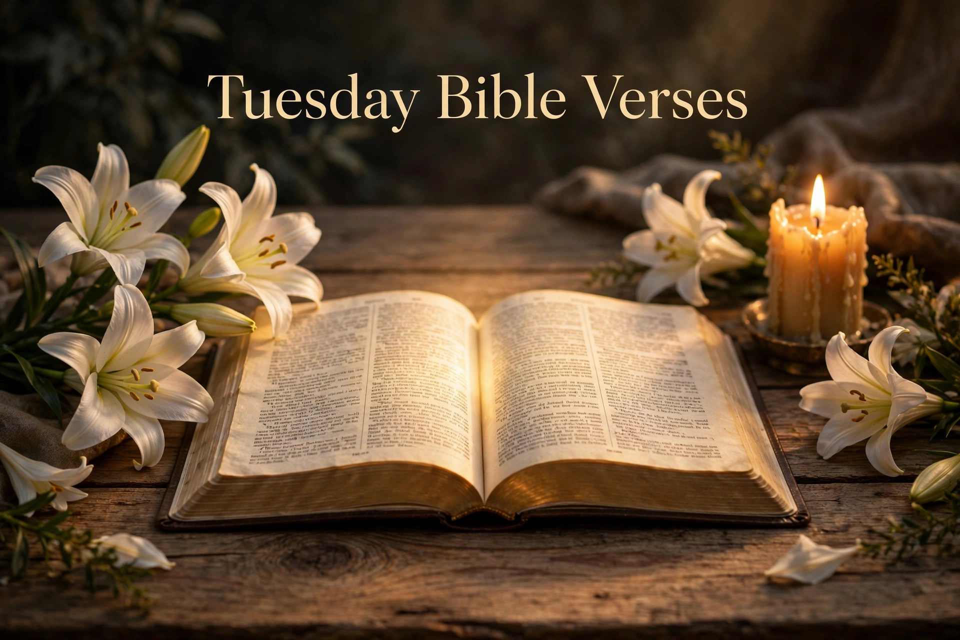Tuesday Bible verses image — open Bible with lilies and a candle