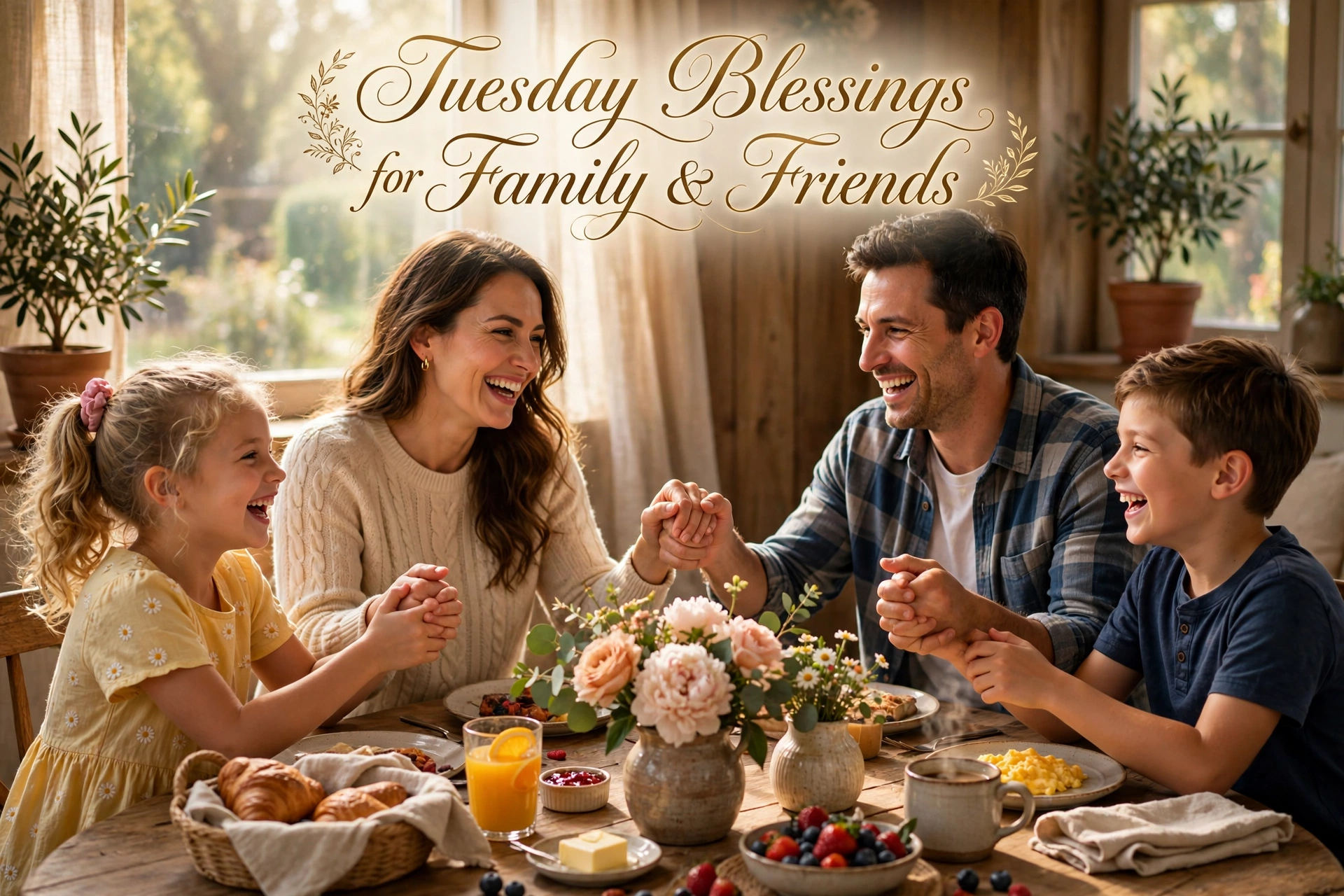 Tuesday blessings for family and friends image — family around a sunny breakfast table