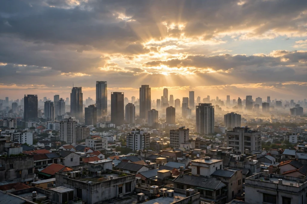 City skyline at dawn with golden sunlight