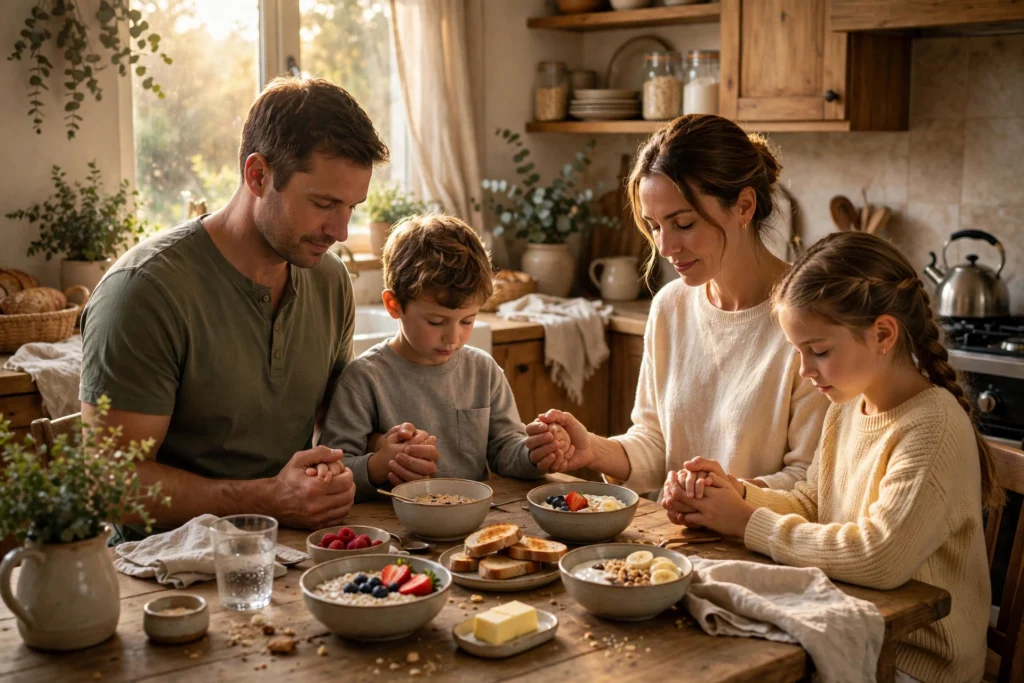 Family holding hands praying at breakfast