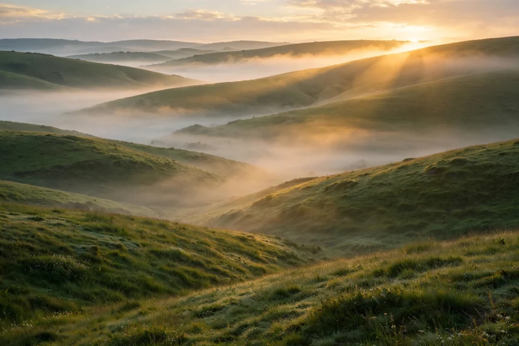 Rolling green hills at sunrise with mist