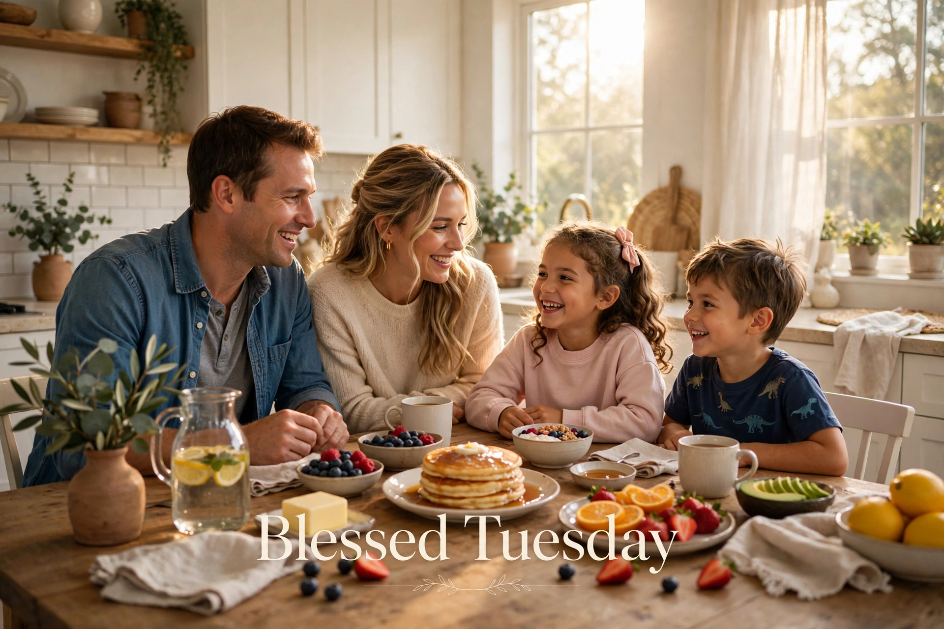 Tuesday blessings for family image — family around a sunny breakfast table with ‘Blessed Tuesday’ text