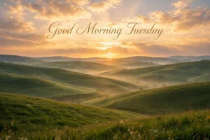 Good morning Tuesday inspirational blessings image — golden sunrise over rolling hills with 'Good Morning Tuesday' text