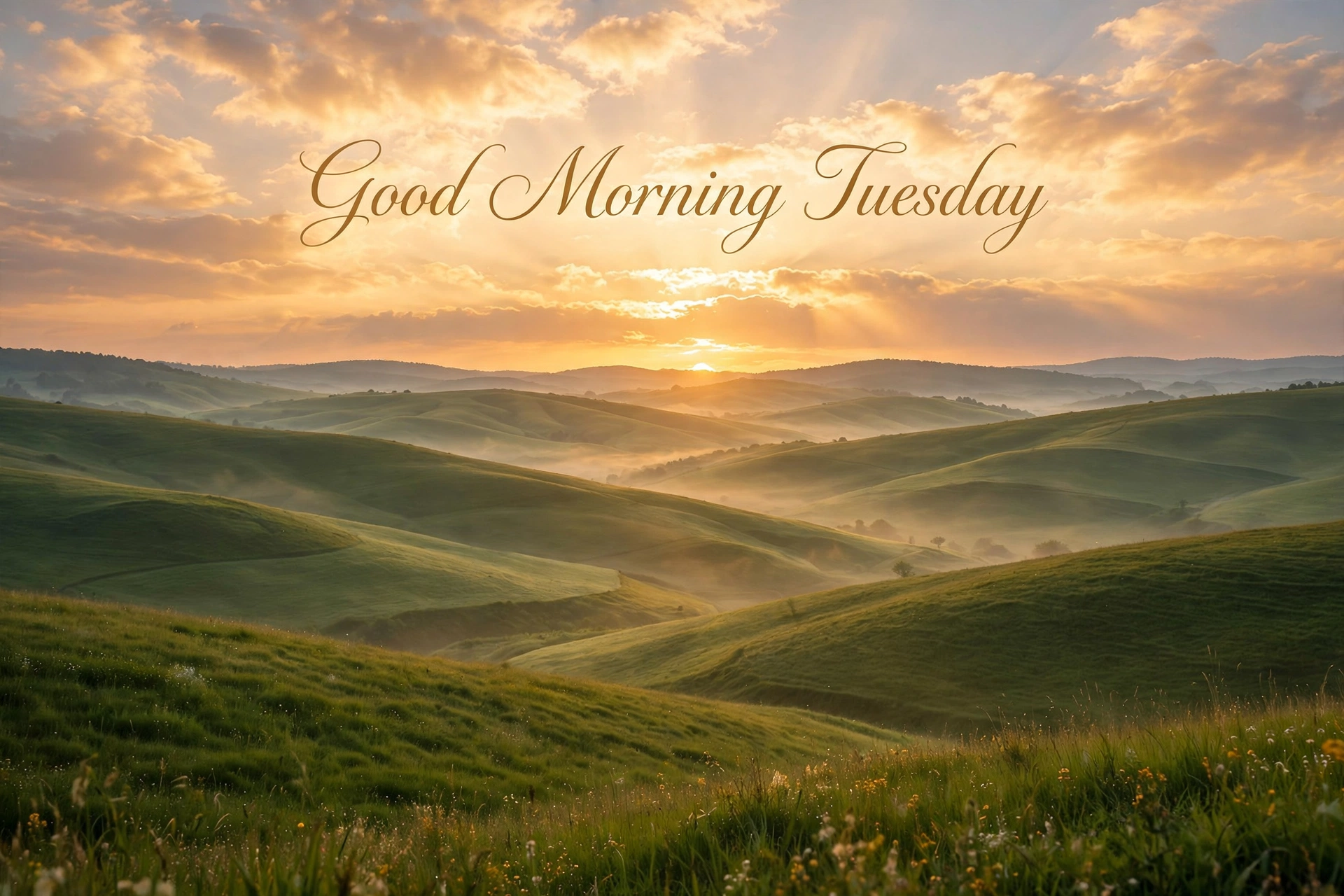 Good morning Tuesday inspirational blessings image — golden sunrise over rolling hills with 'Good Morning Tuesday' text