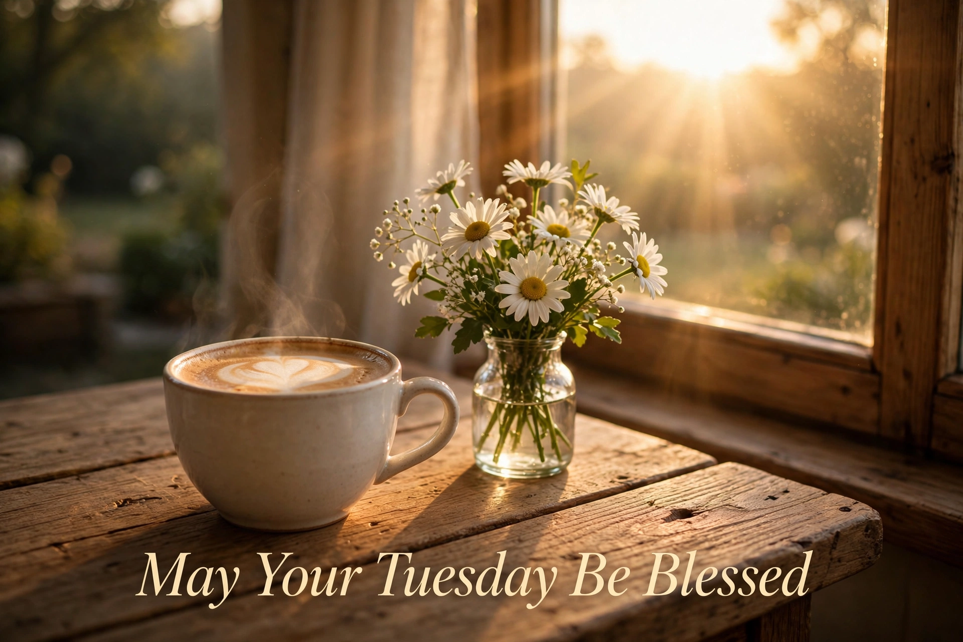 Good morning Tuesday blessings image — coffee cup at a sunny window with ‘May Your Tuesday Be Blessed’ text