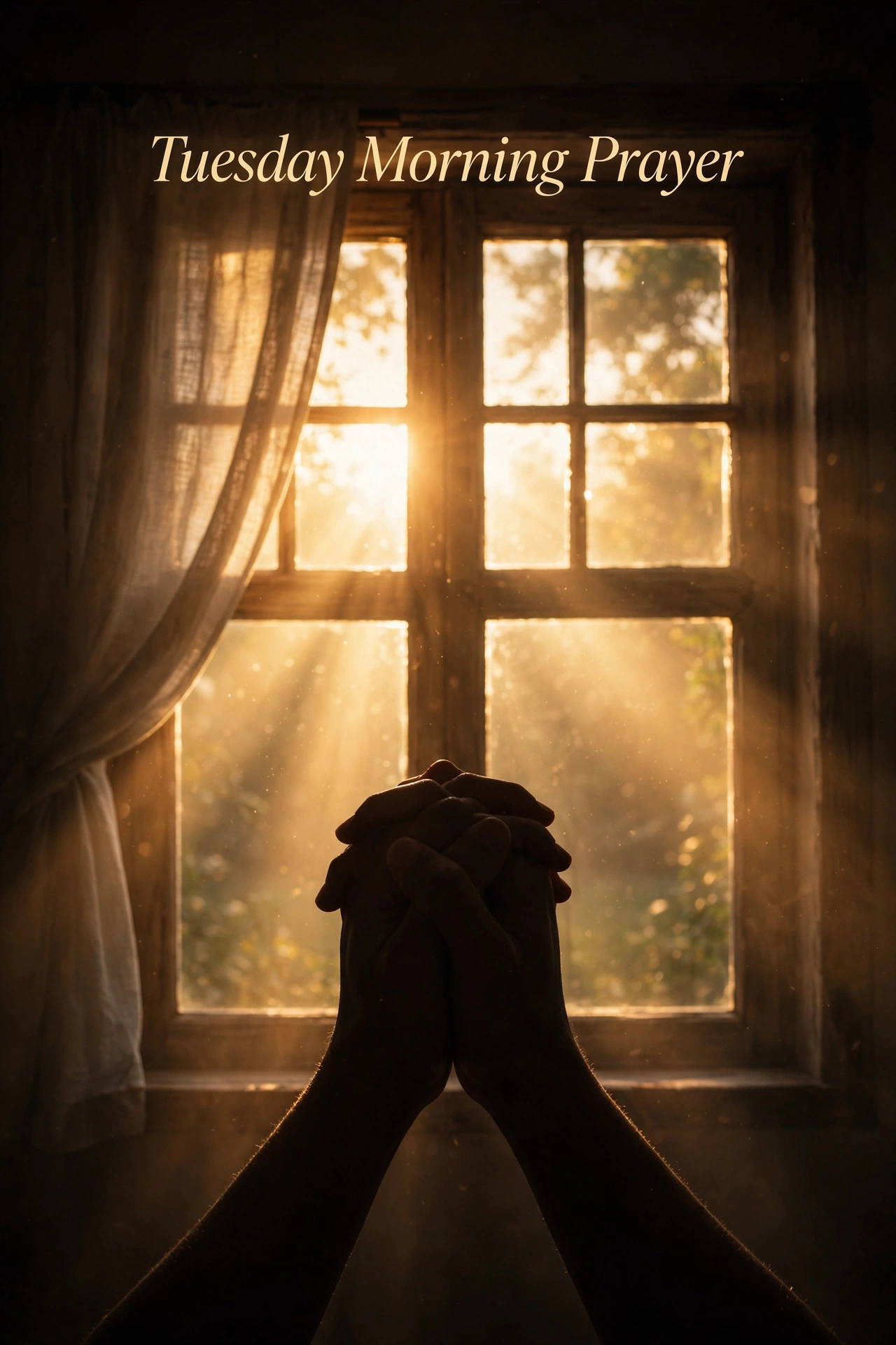 Tuesday morning prayer image — folded hands in warm morning light with ‘Tuesday Morning Prayer’ text