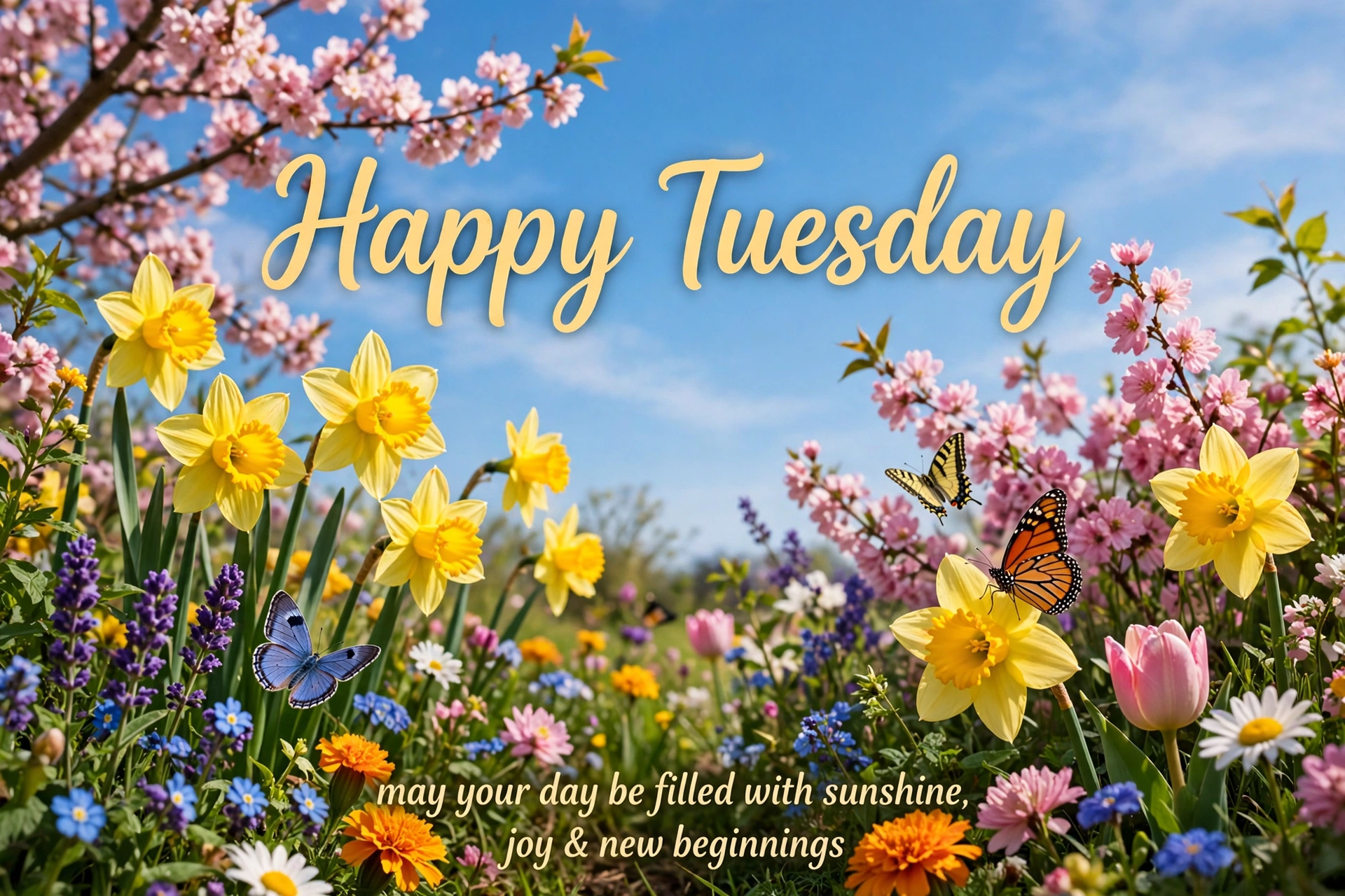 Happy Tuesday inspirational quotes image — spring flowers and butterflies with ‘Happy Tuesday’ text