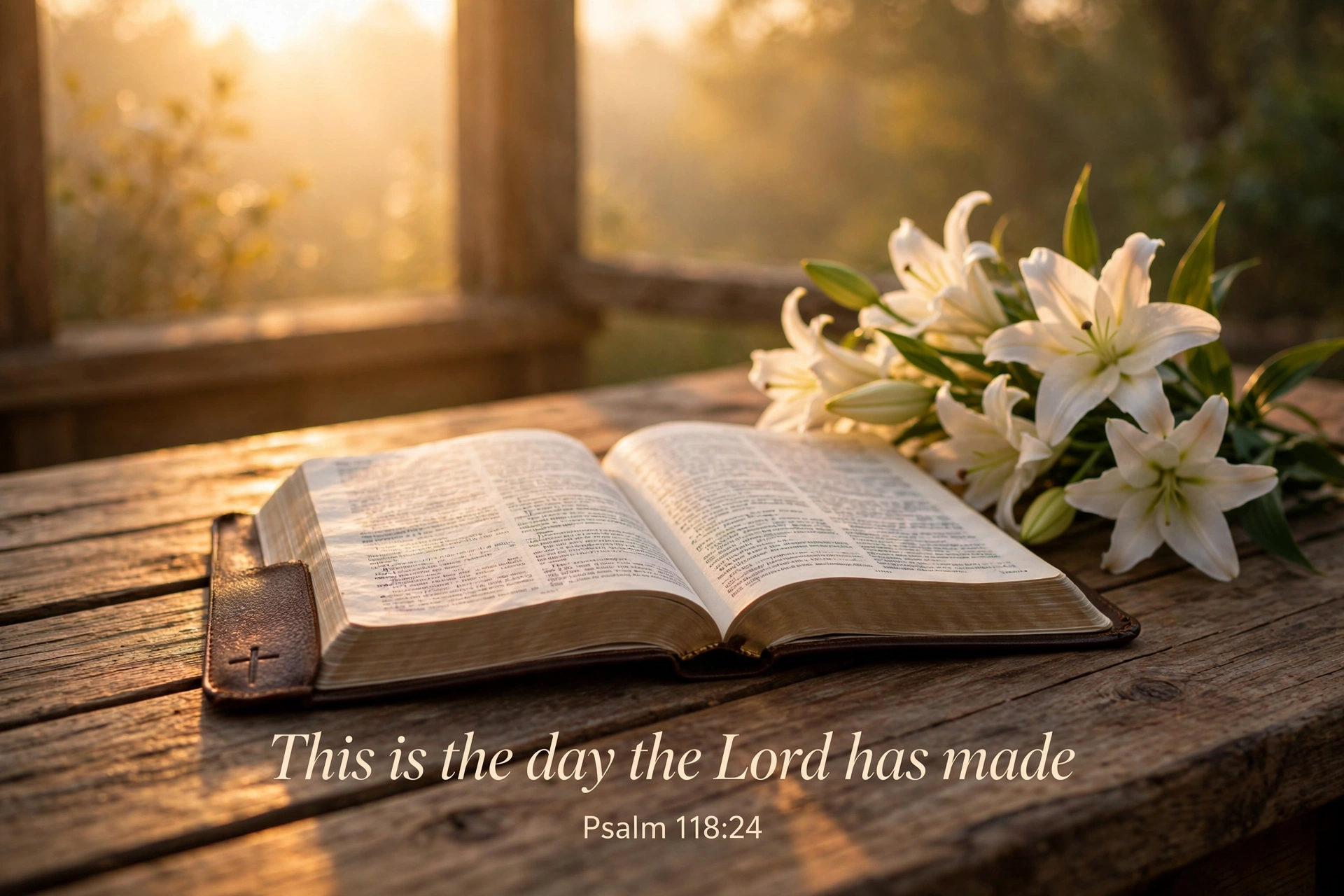 Tuesday Bible verse image — open Bible at sunrise with ‘This is the day the Lord has made, Psalm 118:24’ text