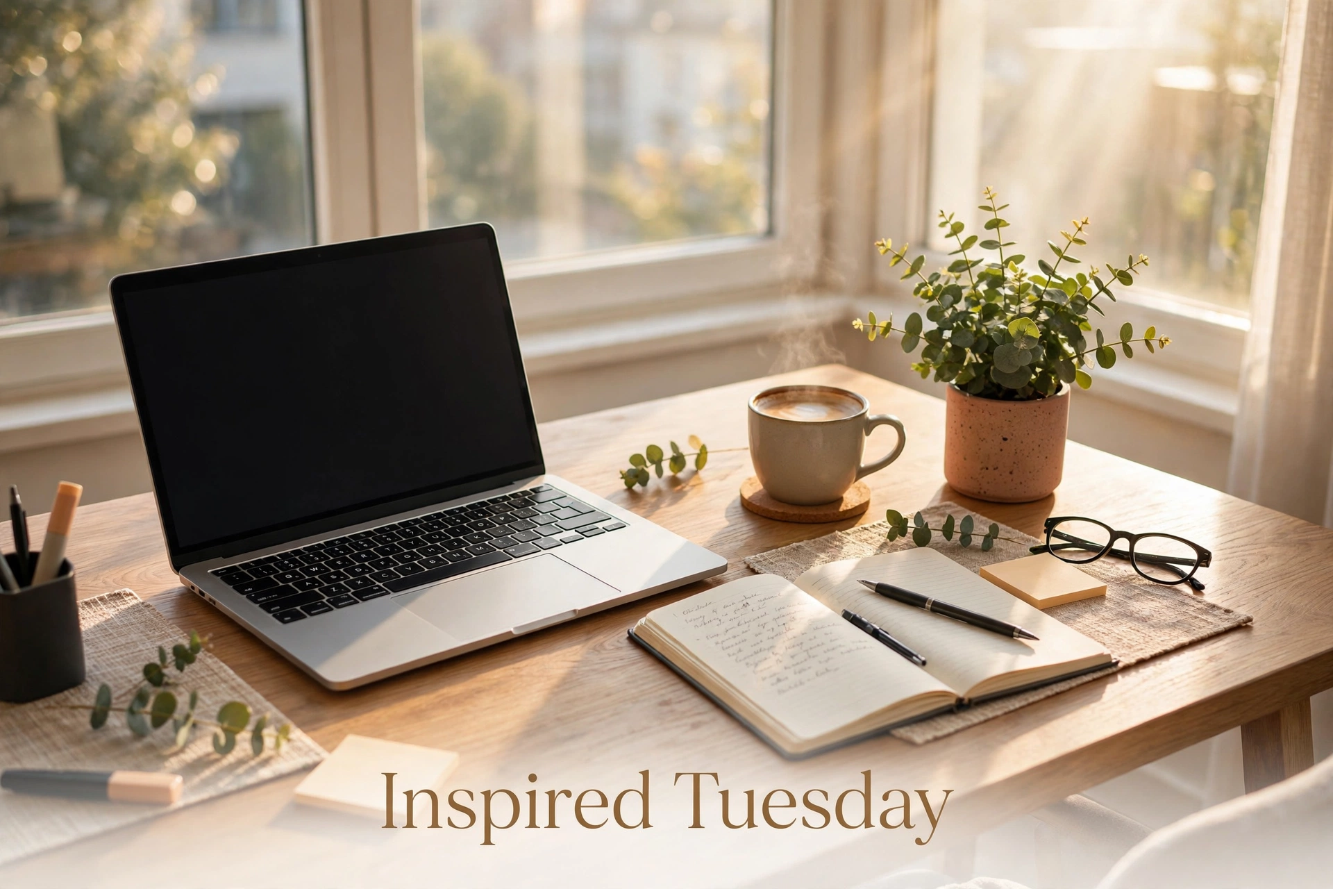 Tuesday blessings for work image — sunlit office desk with ‘Inspired Tuesday’ text