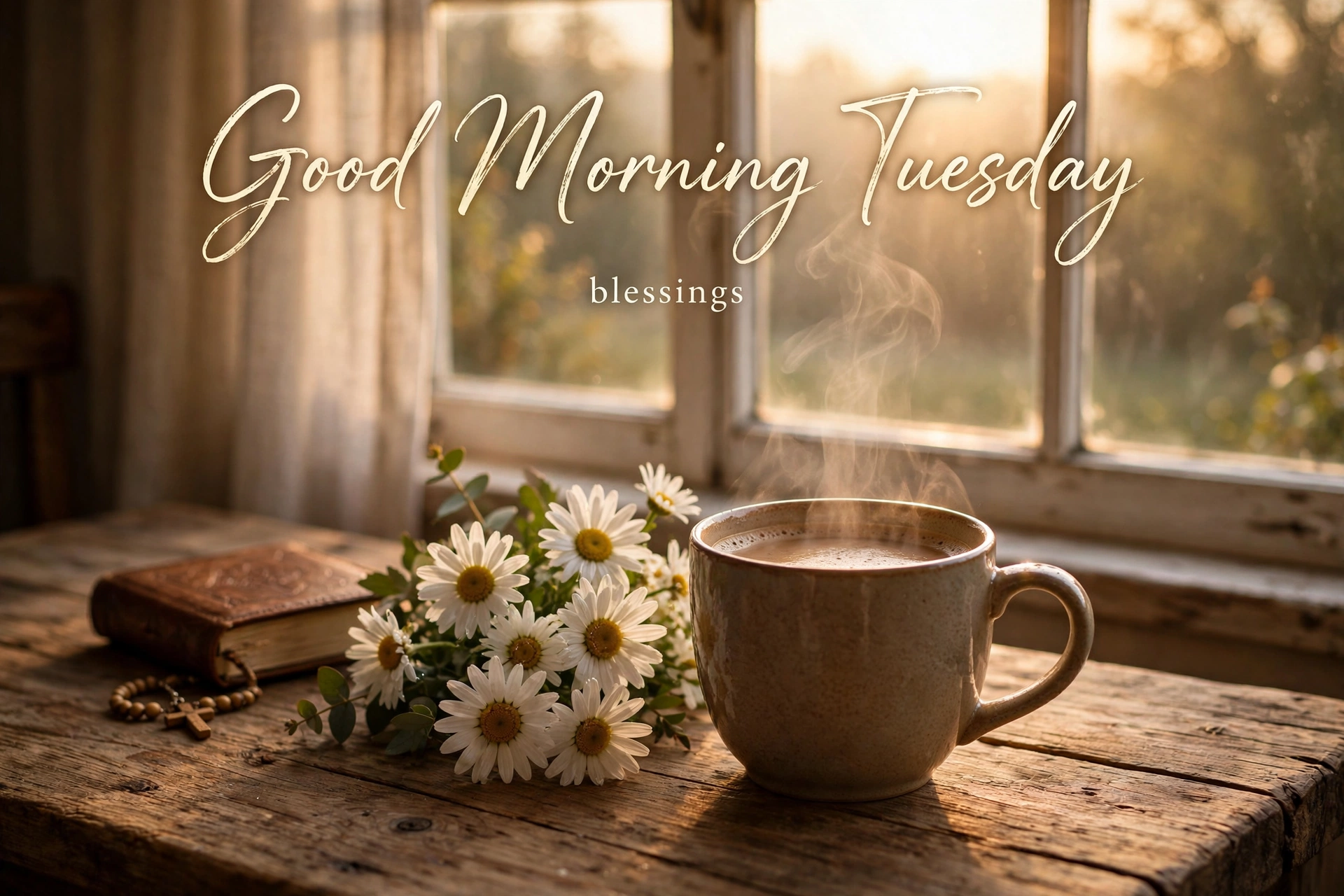 Good morning Tuesday blessings image — coffee, daisies and sunrise at a window