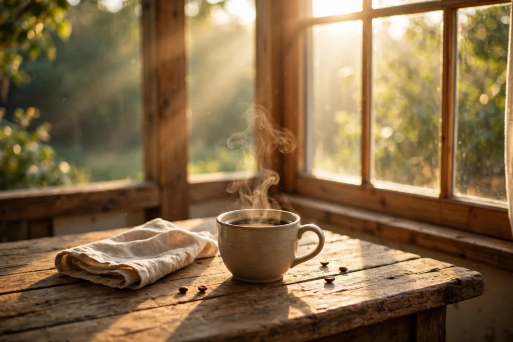 Steaming coffee cup by a sunlit window