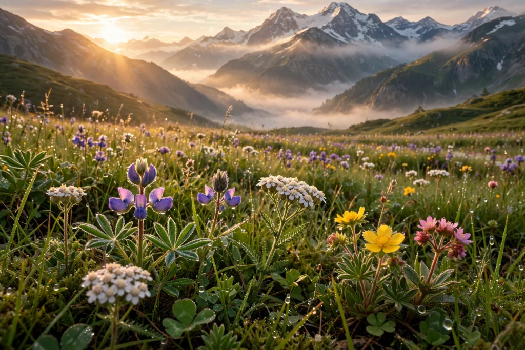 Mountain meadow sunrise with dew wildflowers