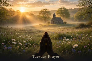 Tuesday prayer images — sunrise prayer, hands folded before a chapel at dawn