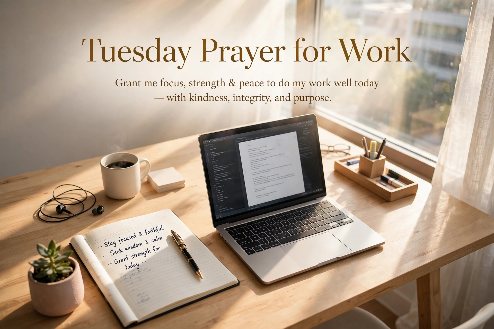 Tuesday prayer for work image — sunlit office desk with laptop and notebook