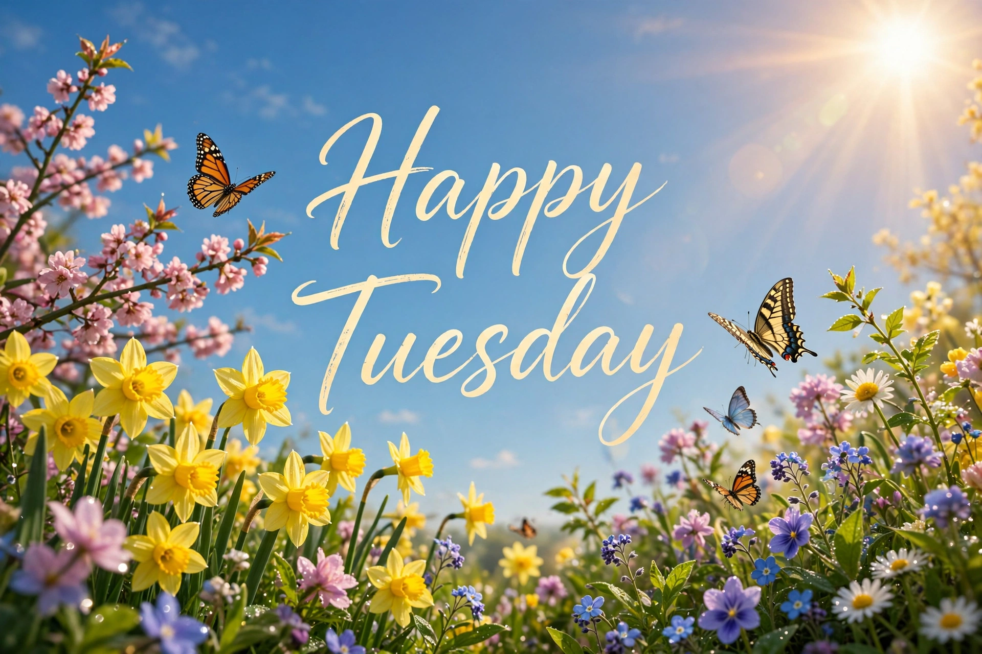 Happy Tuesday quotes image — spring flowers and butterflies under a blue sky