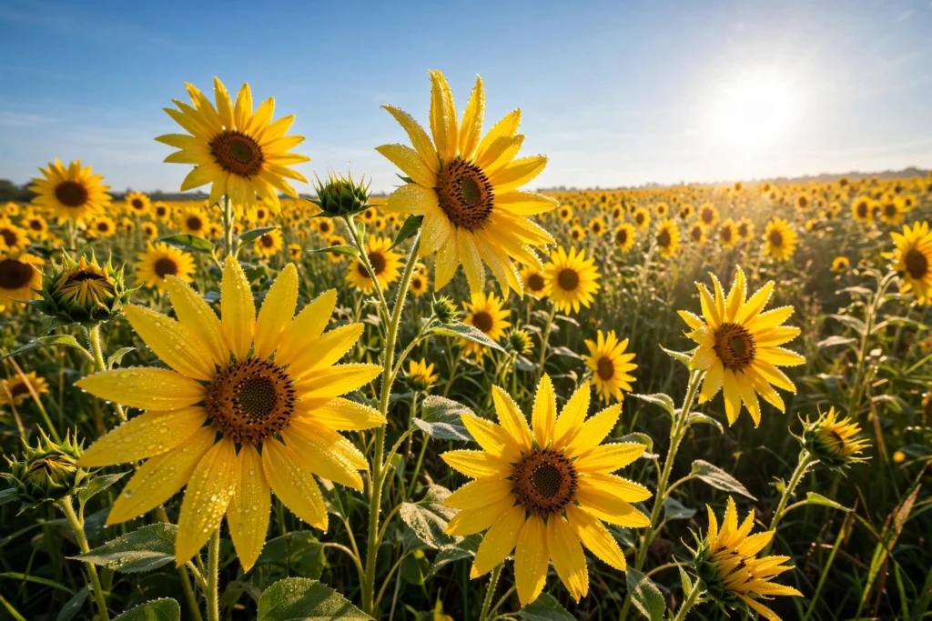 Sunflower field under a clear morning sky