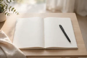 A bright open notebook with a pen on a clean desk in soft morning light, inspiring scene for two word quotes.