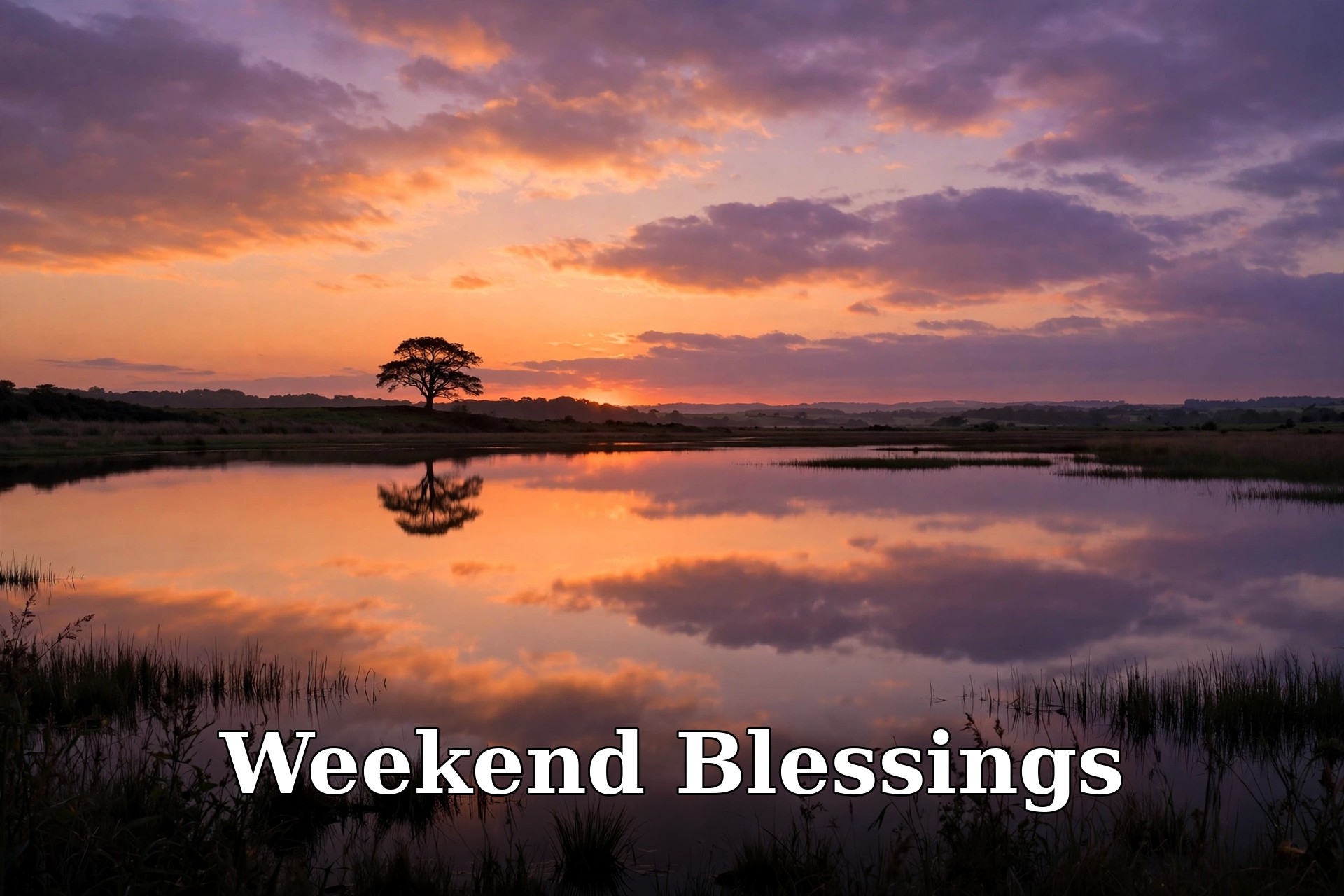 Weekend blessings peaceful lake sunset, text overlay Weekend Blessings