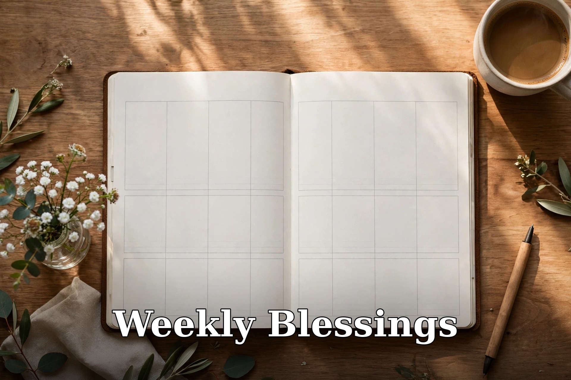 Weekly blessings images flat lay with coffee and planner, text overlay Weekly Blessings