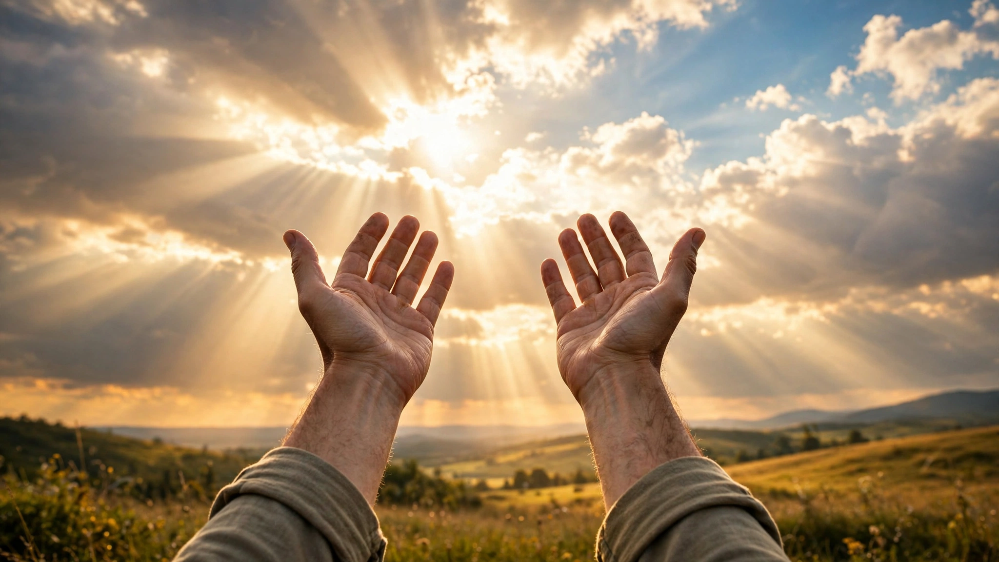 Open hands raised in prayer receiving God's blessing under a bright sky