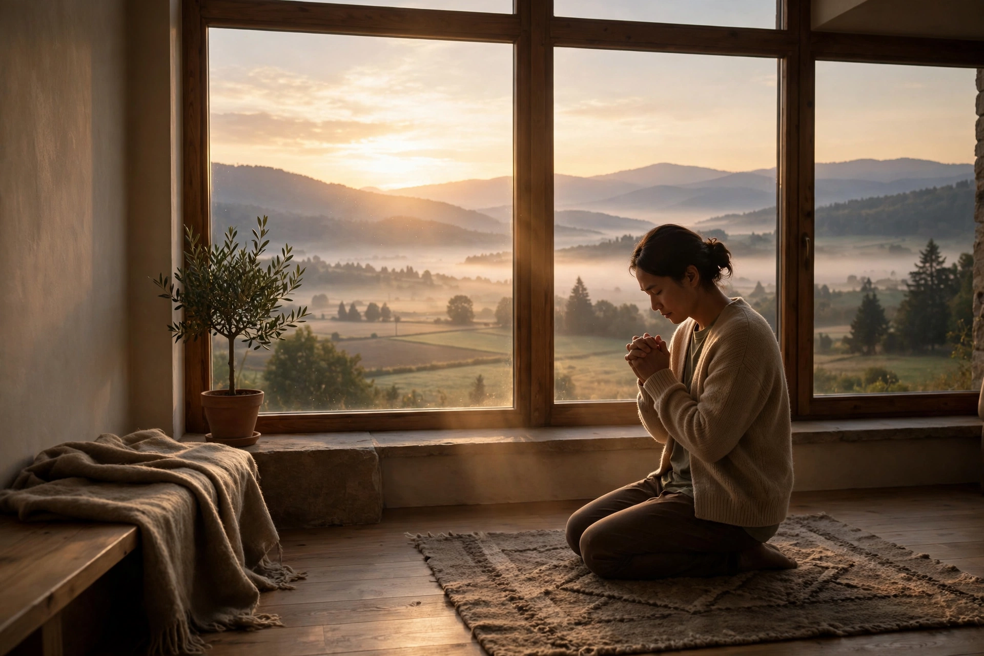 Person kneeling in prayer by a window at dawn