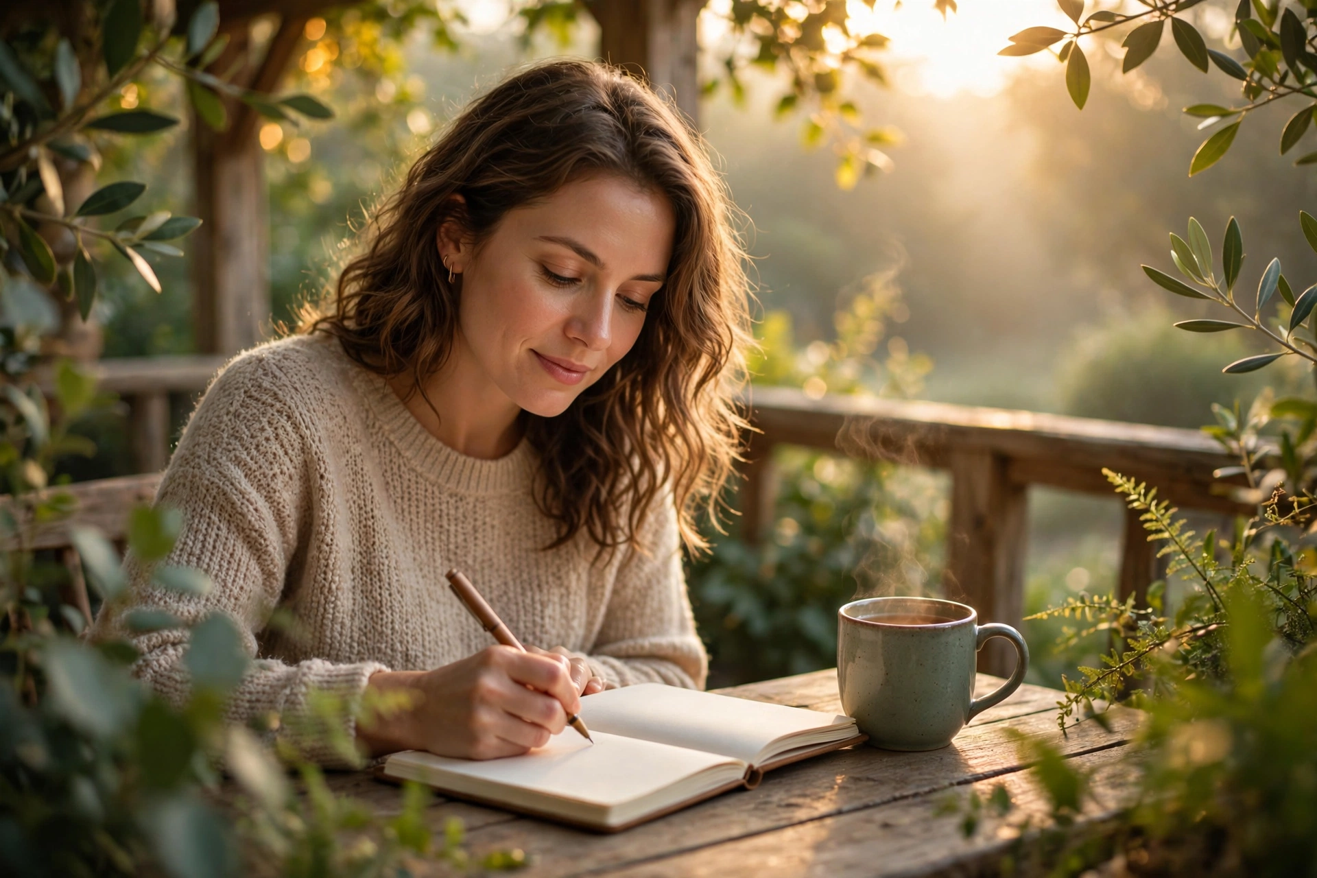 Woman writing in a gratitude journal on a porch at sunrise