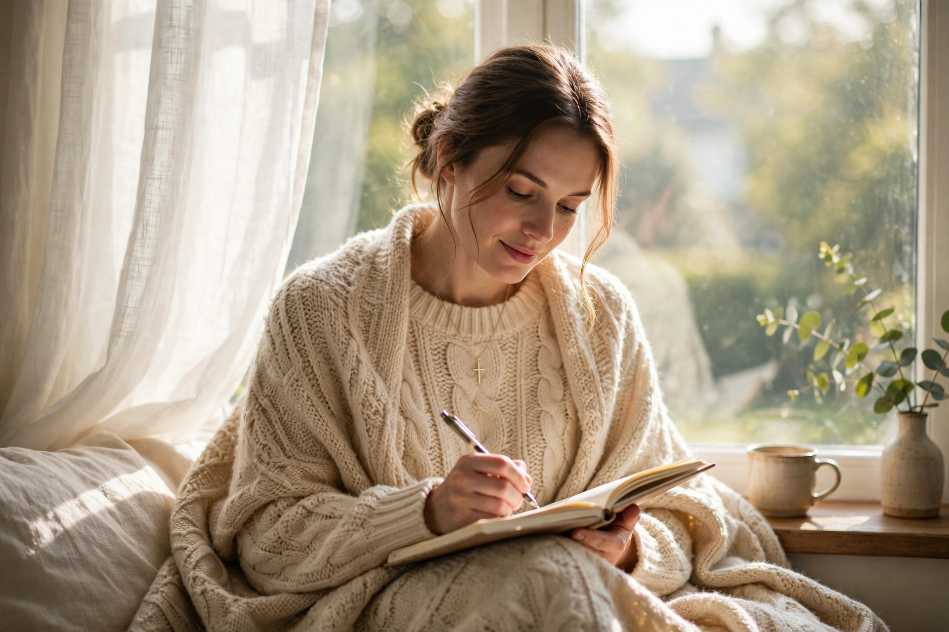 Woman journaling by window on a peaceful Sunday morning