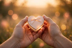 You make me feel special quotes featured image — heart-shaped gift box glowing in warm hands at golden hour
